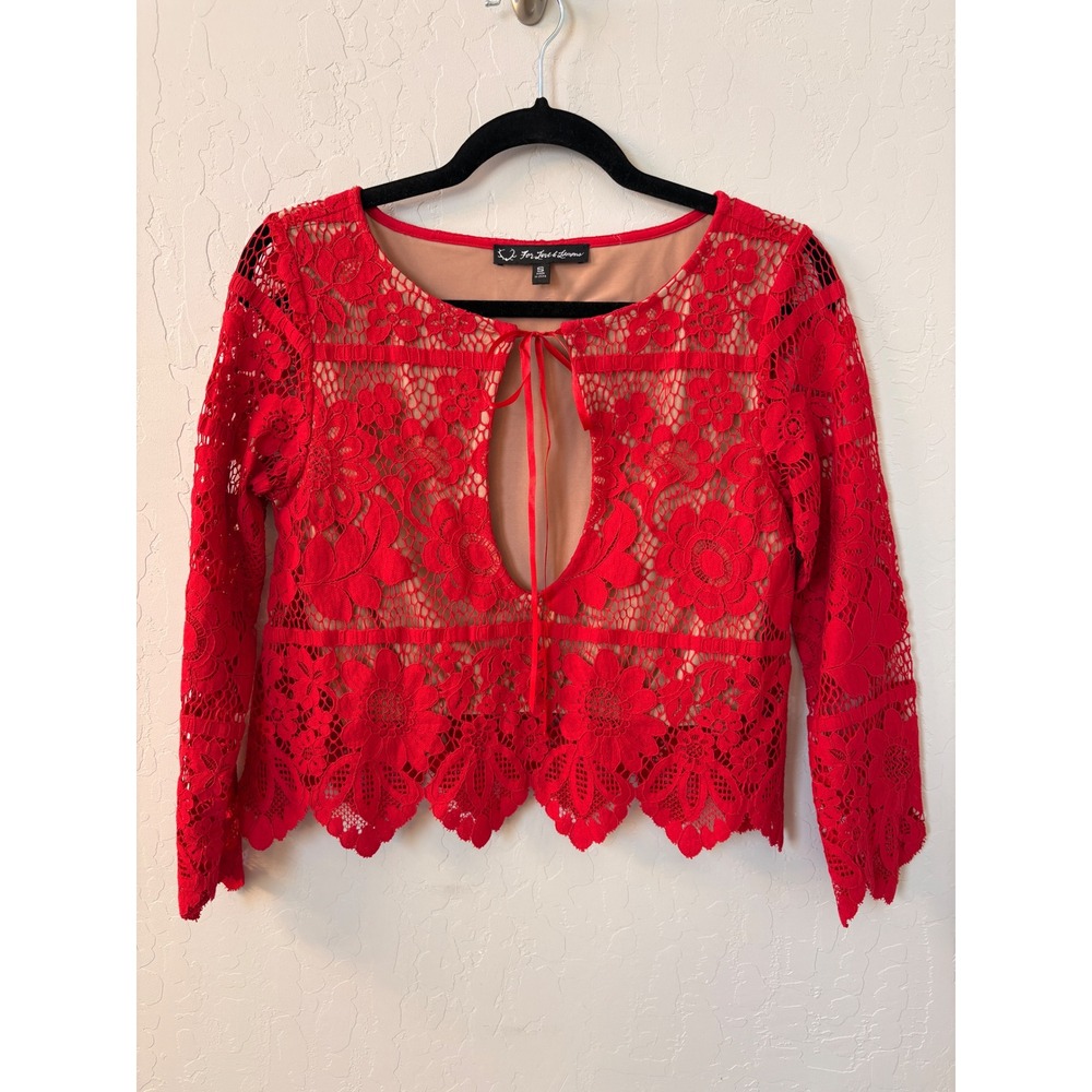 For‎ Love & Lemons Gianna Lace Cropped Top Keyhole Red Floral Blouse Size S